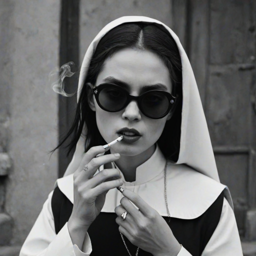 italian film nun, chinese vintage sunglasses, cool model face, hold a cigarette in mouth, gothic black and white style, Kaete Butcher, deconstructive, film/ video, pastoral charm, anti - aesthetic, tightly cropped composition, deconstructed pop style, Gustave Moreau, exaggerated features