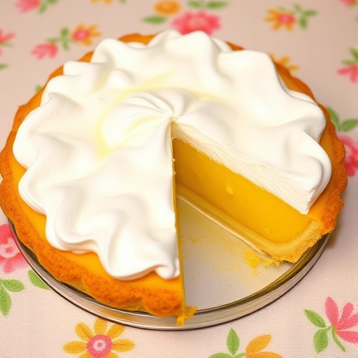 Create an image of a delicious lemon meringue pie with fluffy white meringue peaks on top and a golden crust. The pie should have a slice cut out, revealing the bright yellow lemon filling inside. The background should be a colorful tablecloth with a light, cheerful pattern.