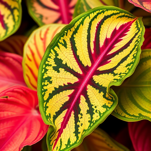 Close-up shot of vibrant caladium leaves with varying colors and patterns, captured with a DSLR camera, 50mm lens, f/2.8 aperture, ISO 200, natural light, focus on the texture of the leaves.