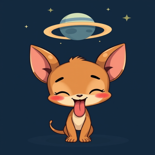 Create a cartoon character with big ears and a playful expression sticking out its tongue against a dark blue background with a small planet and rings floating above it, including some twinkling stars.