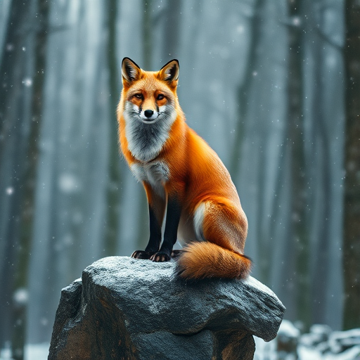 a majestic fox sitting on a rock in a misty forest during snowfall, Canon EOS 5D Mark IV, 85mm f/1.4 lens, aperture f/2.8, ISO 100, shutter speed 1/250s, natural lighting, shallow depth of field, vibrant colors, high dynamic range