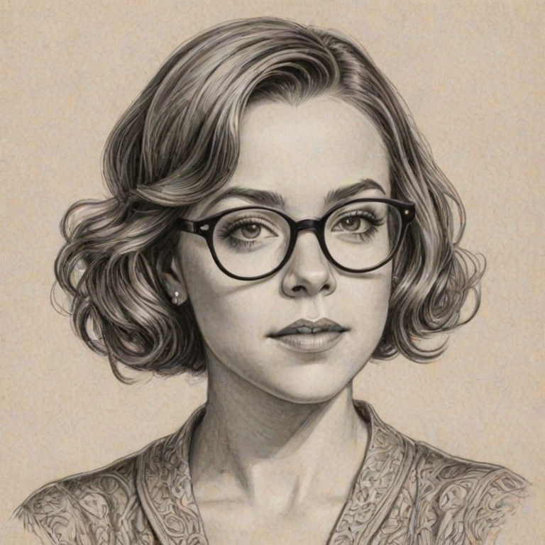 Graceful Tina Majorino, pencil sketch, portrait of Resplendent woman 1920s in glasses, hair style beatnik, outline, clear lines, fine lines, 8k