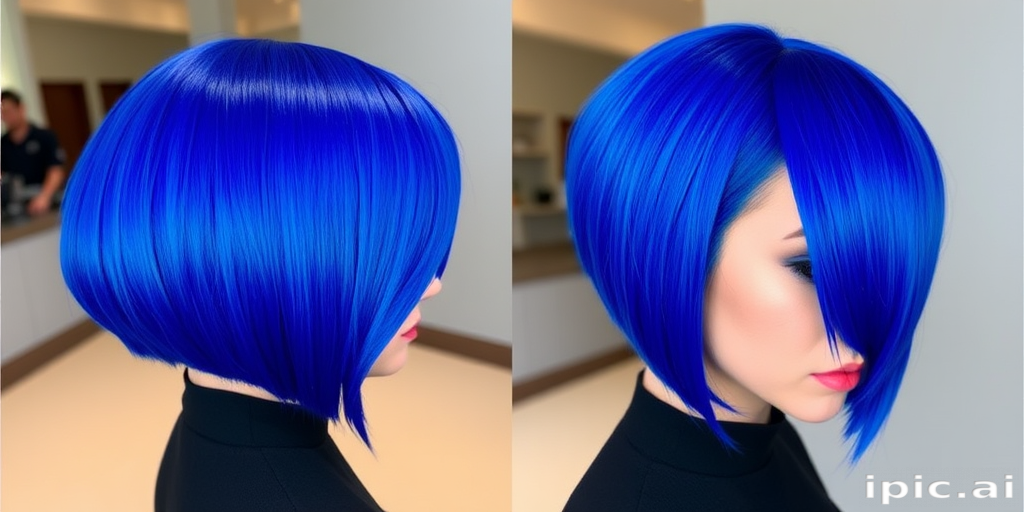 Electric blue bob with blunt ends and a side part, the Sapphire Shock style captivates with its bold color and precision cut, perfect for avant-garde fashion enthusiasts