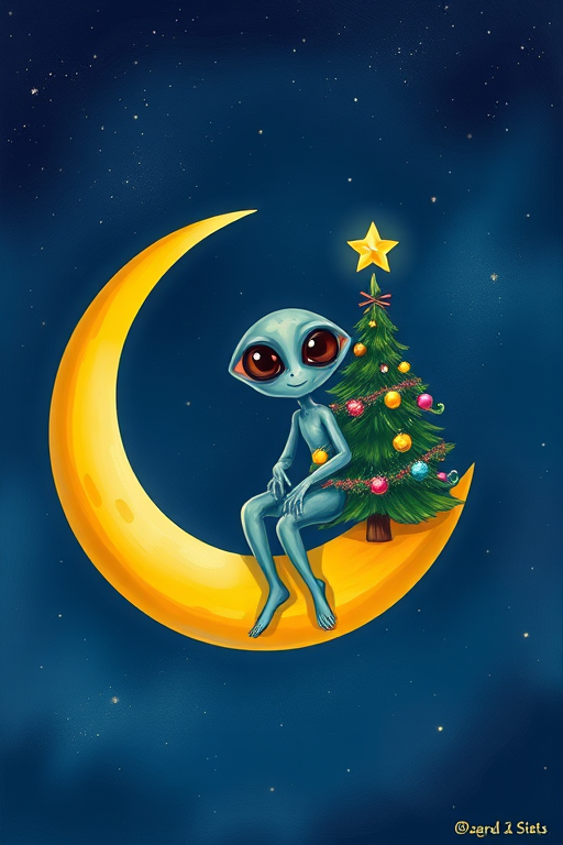 Create an illustration of a whimsical alien sitting on a crescent moon with a decorated Christmas tree, against a starry night sky, using a digital painting style with vivid colors and high detail, captured with a Canon EOS R5 at f/2.8, ISO 100, 50mm lens, focusing on sharpness and clarity.