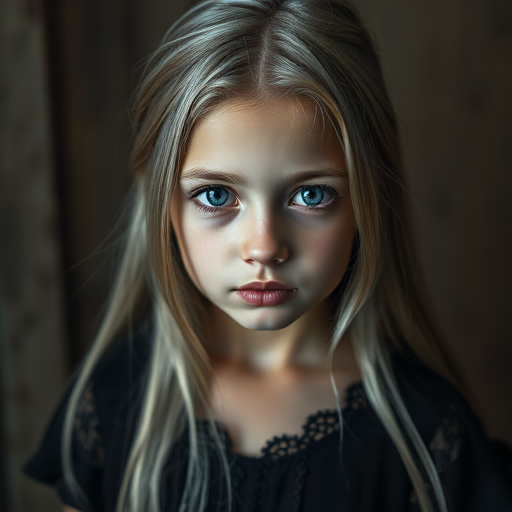 portrait of a young girl with long silver hair, piercing blue eyes, wearing a vintage black dress with lace details, dramatic lighting, 85mm lens, f/1.4 aperture, soft focus background, high-resolution digital photography, moody atmosphere, capturing intricate details and textures.