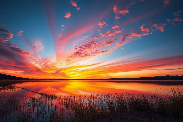 Generate an image of a serene landscape at sunset with vibrant colors reflecting on a still lake, shot with a Canon EOS R5, 24mm f/1.4 lens, ISO 100, aperture f/8, 1/125 sec, using a wide-angle view to capture the expansive sky and foreground.