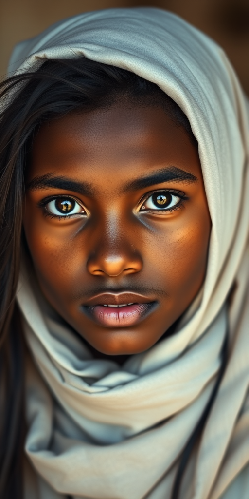 Create a portrait of a young Cape Verdean male with long, dark hair and captivating hazel eyes. She is wearing a white headscarf and a matching scarf draped gracefully around her neck. The background is softly blurred, focusing attention on her serene and natural expression. The overall color palette is muted and warm, enhancing the intimate and authentic feel of the portrait.