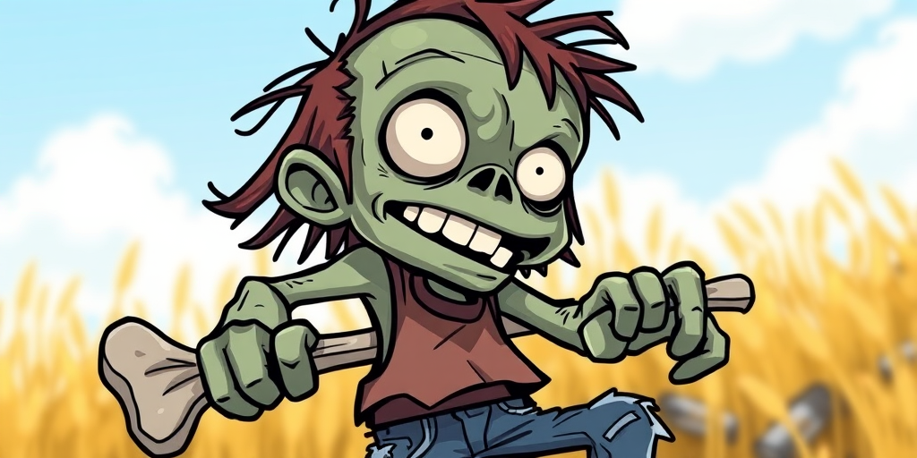 Create a colorful cartoon-style image of a zombie character with a playful expression, wearing a torn tank top and ragged jeans, holding a bone, shot with a DSLR camera at f/2.8 aperture, 50mm lens, in bright daylight to enhance colors and details.