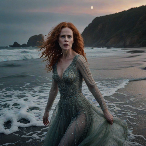 Bewitching image of Nicole Kidman, Big Little Lies star, with her porcelain skin and cascading red curls, emerging from misty waves in a sheer, iridescent gown, on a moonlit beach dotted with bioluminescent algae