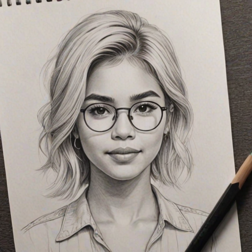 Stunning Hayley Kiyoko, pencil sketch, portrait of Splendid woman 1935s in glasses, hair style beatnik, outline, clear lines, fine lines, 8k