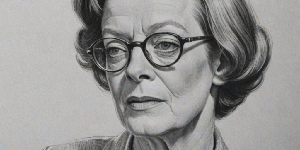 Enchanting Maggie Smith, pencil sketch, portrait of Wonderful woman 1939s in glasses, hair style beatnik, outline, clear lines, fine lines, 8k