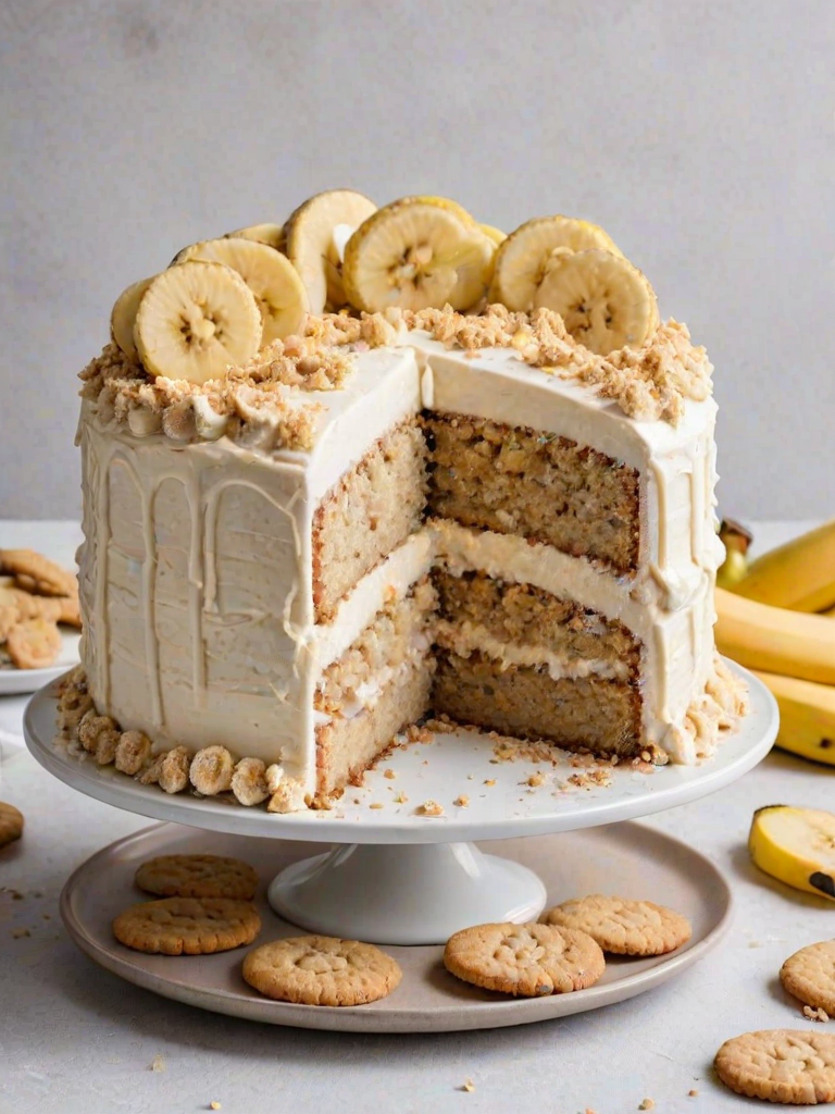 Generate an image of a delicious banana cream cake with a creamy white frosting, topped with sliced bananas and crumbled cookies. The cake should have a slice removed, revealing its layers of banana and cream filling. The setting is a simple white plate with a neutral background.