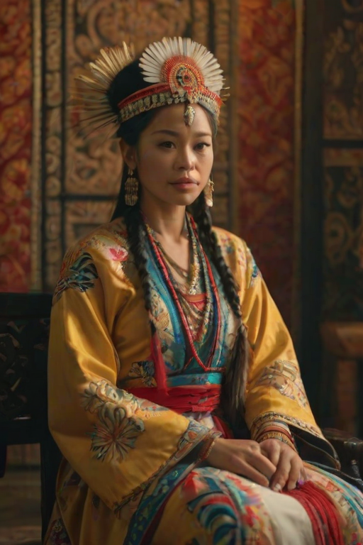 A beautiful Guarani woman in traditional East Asian attire, intricately detailed with embroidered patterns, sitting gracefully in a richly decorated room, soft ambient lighting, serene and elegant, ultra-realistic, 8K resolution