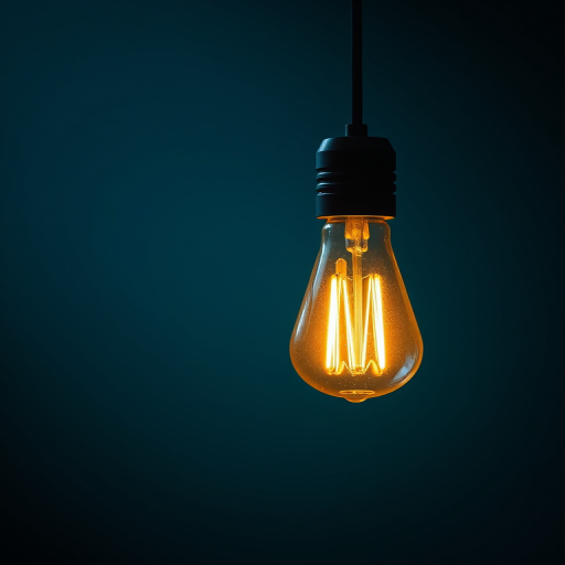 A glowing yellow light bulb hanging from a pendant in a dark blue and green gradient background, captured with a Canon EOS R5, aperture f/2.8, ISO 100, 50mm lens, soft focus with a shallow depth of field.