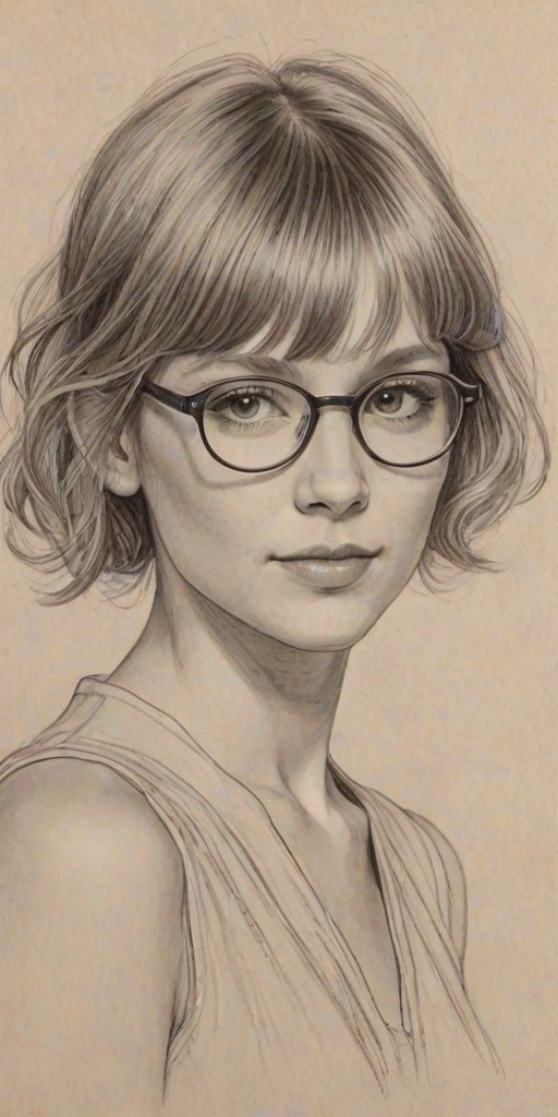 Radiant Grace VanderWaal, pencil sketch, portrait of Enticing woman 1923s in glasses, hair style beatnik, outline, clear lines, fine lines, 8k