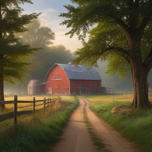 A Serene Morning Scene of a Red Barn Surrounded by Lush Greenery.