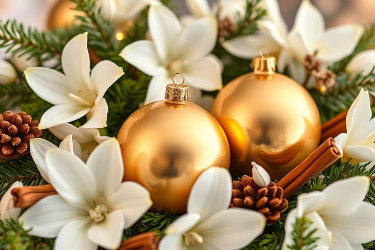 Create an elegant holiday arrangement featuring two gold ornaments nestled among white flowers and greenery. Include elements like cinnamon sticks and pine needles to enhance the festive theme. Use soft, warm lighting to create a cozy atmosphere.