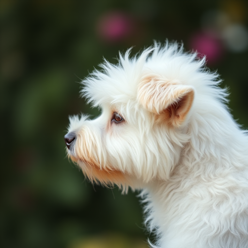 A close-up profile shot of a fluffy white dog in soft focus with a blurred background, taken with a Canon EOS R5, 50mm f/1.2 lens, aperture f/2.8, ISO 100, using a natural light setting for a bright, airy feel.
