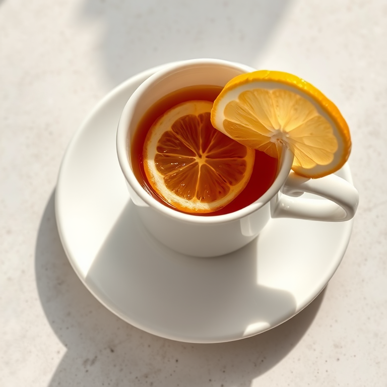 Create a high-resolution image of a white cup filled with tea and a slice of lemon on a white saucer, using a Canon EOS 5D Mark IV, with an aperture of f/2.8, shutter speed 1/200s, ISO 100, focused from a top-down view, in natural light, emphasizing texture and detail.