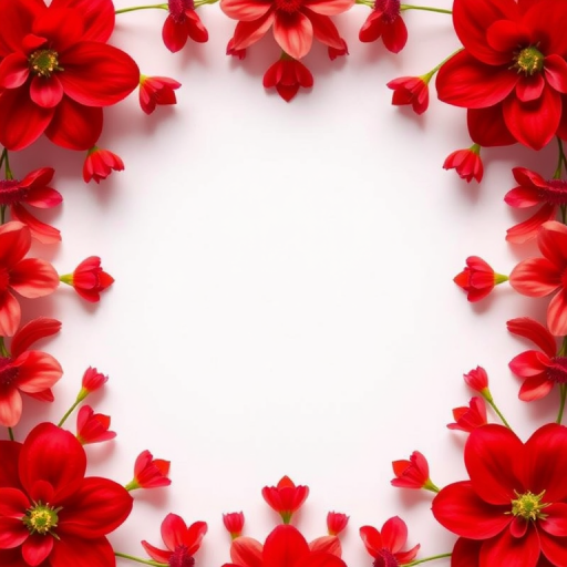 Create a vibrant design with a symmetrical pattern of red floral elements framing a blank center, using a 50mm lens at f/2.8, ISO 100, and a slight vignette effect for depth, captured with a DSLR camera in a high-resolution format.