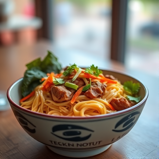 A vibrant bowl of noodles topped with vegetables and meat, captured with a DSLR camera at f/2.8 aperture, 50mm lens, 1/125 sec shutter speed, soft natural lighting from the side, shallow depth of field for a blurred background, high-resolution detail.