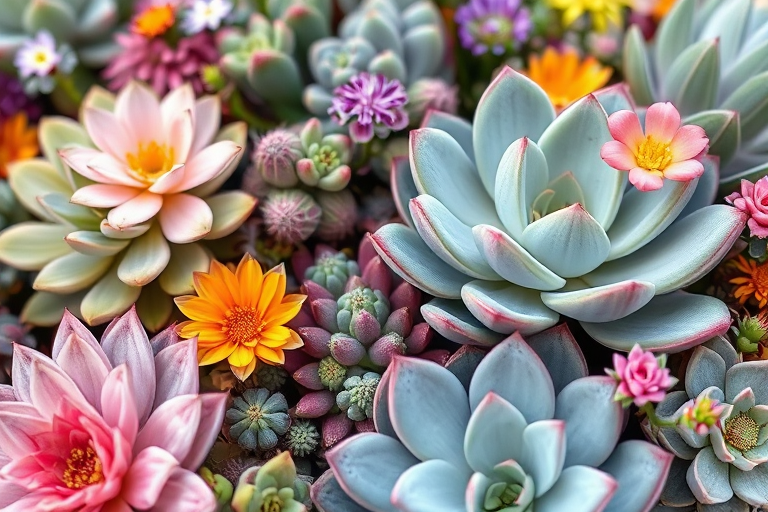 Create a highly detailed illustration of a variety of succulents and flowers arranged artistically, using a macro lens with f/2.8 aperture, 1/200 shutter speed, and ISO 100, in natural light to enhance color vibrancy and texture, captured from a high-angle view for a soft focus background effect.