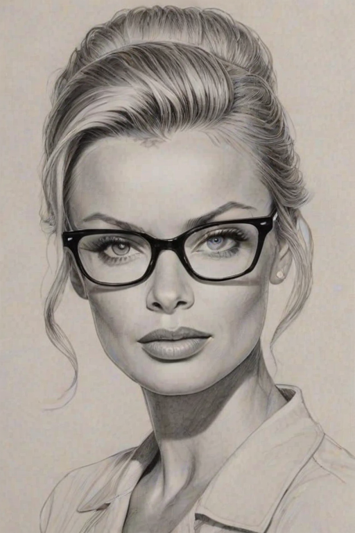 Lovely Jamie Pressly, pencil sketch, portrait of Superb woman 1957s in glasses, hair style beatnik, outline, clear lines, fine lines, 8k
