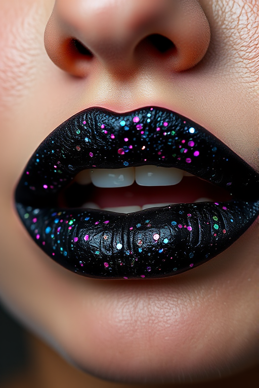 Glittery black lip gloss "Starry Night" packed with multi-colored shimmer particles, perfect for edgy and punk-inspired looks, non-sticky and comfortable formula