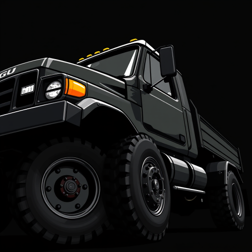 illustration of a detailed black truck with a prominent cab and large wheels, captured from a low angle in a dynamic composition, using a DSLR camera with a 50mm lens at f/2.8, shutter speed 1/250 sec, ISO 100, with a subtle depth of field and high contrast lighting to enhance texture and details