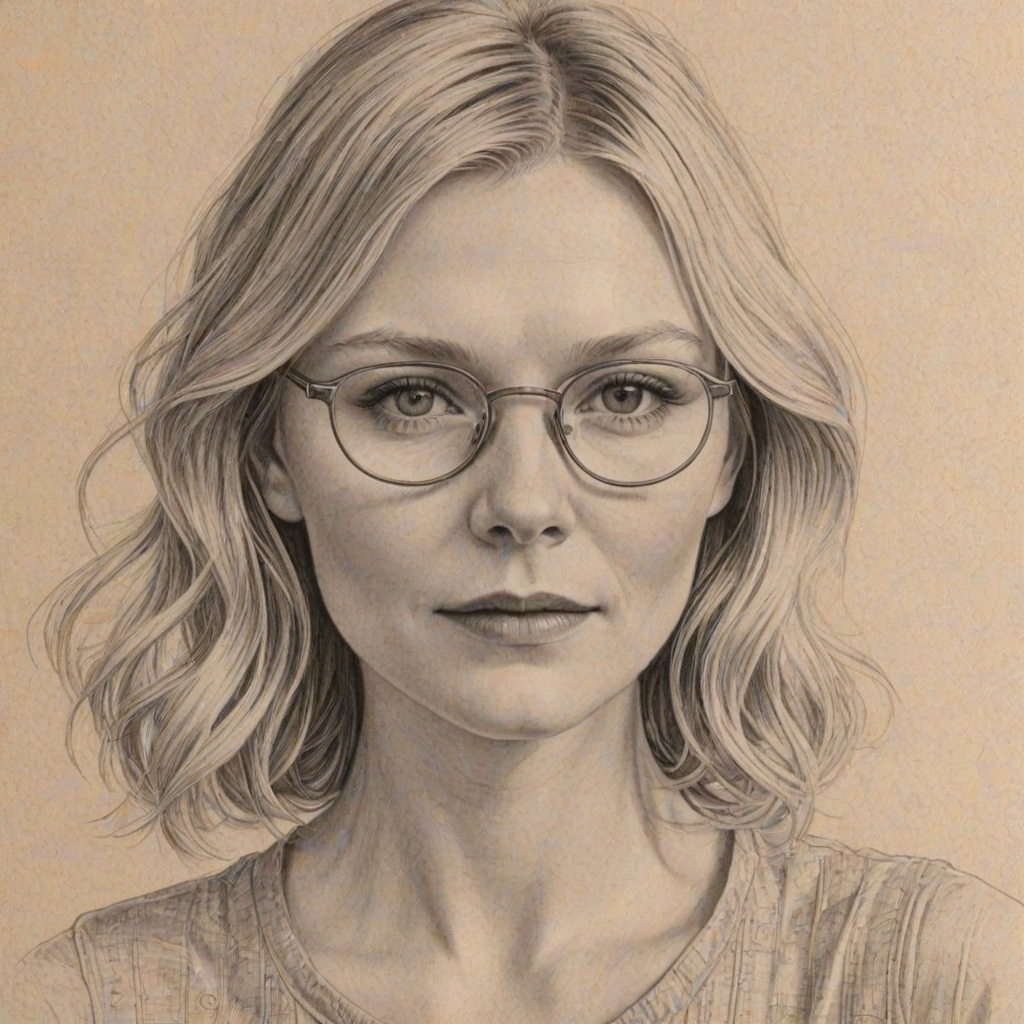 Magnificent Kirsten Dunst, pencil sketch, portrait of Resplendent woman 1923s in glasses, hair style beatnik, outline, clear lines, fine lines, 8k
