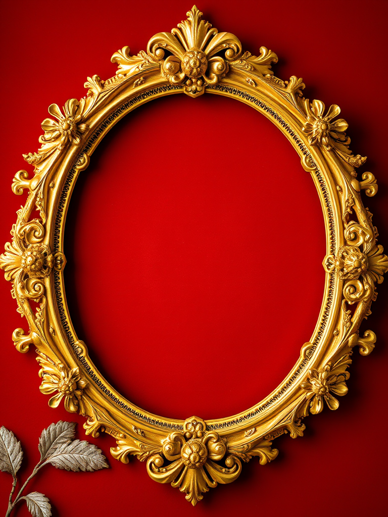 create a richly detailed image of an ornate golden floral frame on a deep red background, using a DSLR camera with a 50mm lens, aperture set at f/2.8, ISO 100, natural lighting for enhanced clarity and texture, focus on vibrant colors and intricate designs, shot in macro style for close-up detail.