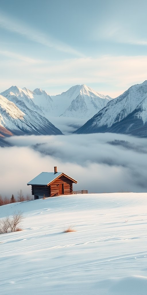 Create a serene winter landscape featuring a solitary cabin on a snow-covered slope with majestic mountains in the background and low-hanging mist, captured with a Canon EOS R5 using a 24-70mm f/2.8 lens at f/8, ISO 100, shutter speed 1/125s, wide-angle view for enhanced depth and clarity.