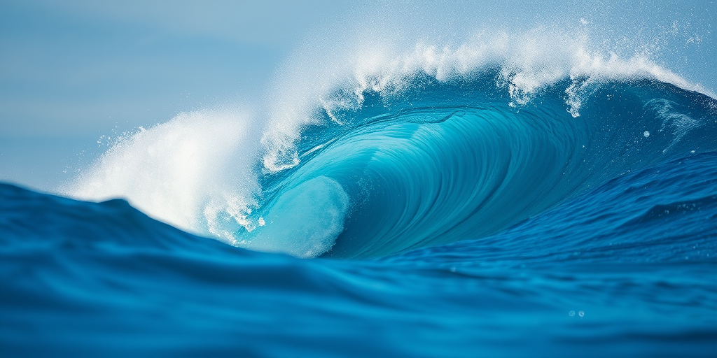 Create a high-resolution image of a stylized wave, featuring vibrant blues and a dynamic flow, captured with a Canon EOS R5 at f/8, ISO 100, 1/500s, using a wide-angle lens for a dramatic perspective and vibrant color contrast, focusing on details in the wave's crest and texture.
