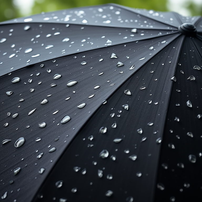 Create a high-resolution image of a black umbrella with white raindrop patterns, photographed at a 45-degree angle, using a DSLR camera with a 50mm lens, aperture set to f/2.8, ISO 100, and natural lighting for enhanced clarity.