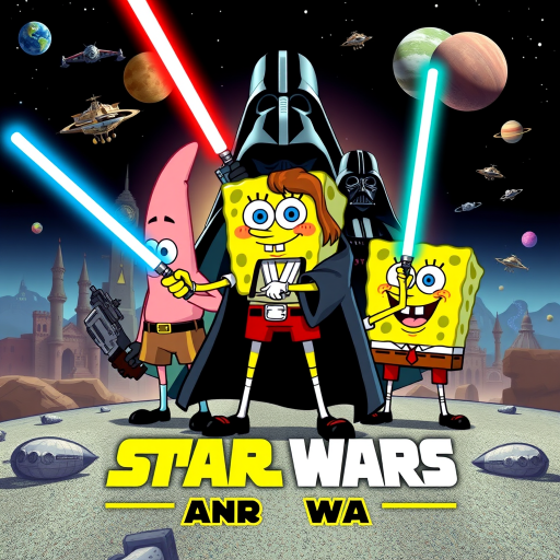 Create a parody of the Star Wars poster with SpongeBob as Luke Skywalker, holding a glowing spatula like a lightsaber. Patrick Star takes the role of Han Solo, holding a blaster, while Squidward is Obi-Wan Kenobi, draped in robes. In the background, Plankton appears as Darth Vader, with Bikini Bottom’s landmarks reimagined as spaceships and planets. The iconic Star Wars logo is swapped for "Sponge Wars," creating a playful, sci-fi adventure scene.