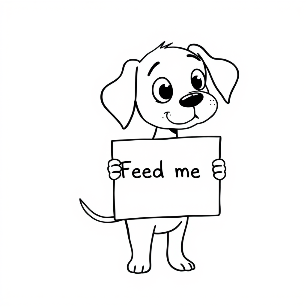 A minimalist cartoon of a PUPPY standing on a blank white background, holding a sign that simply says, 'Feed me.' The puppy is drawn with just a few lines: big eyes, whiskers, floppy ears, and a straight tail, giving it a comically desperate expression.