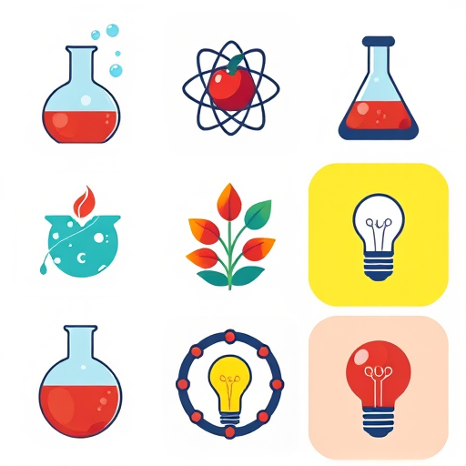 Create a vibrant and modern illustration of nine science and innovation-themed icons arranged in a 3x3 grid, featuring a flask with bubbles, a red apple, an atom symbol, a beaker with flames, a plant in a flask, a light bulb, a circular design with an apple, another flask with bubbles, and a glowing light bulb; shot with a Canon EOS R5, 50mm lens, f/1.8 aperture, ISO 100, natural lighting for enhanced clarity and color vibrancy.