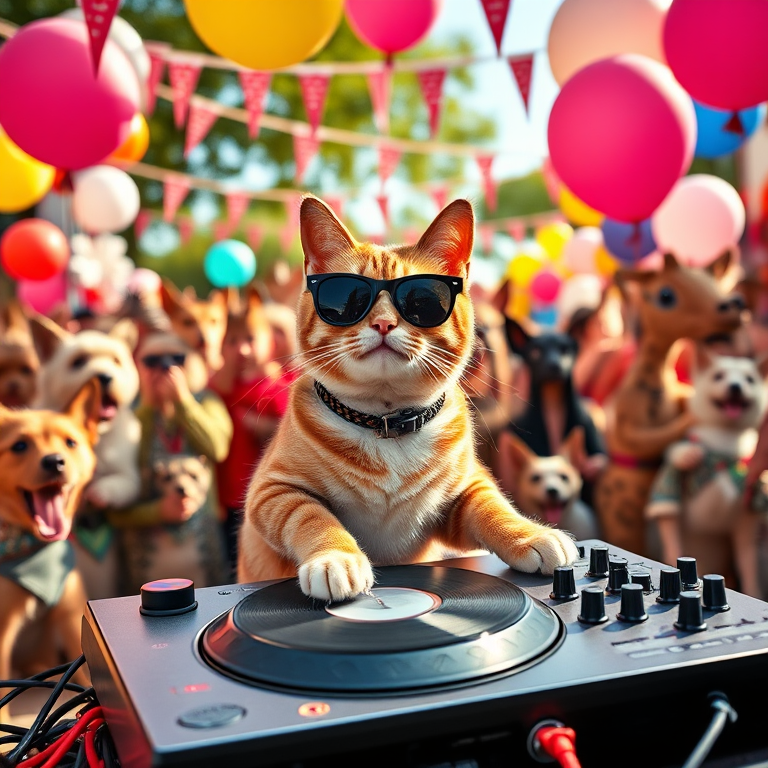 Create a vibrant outdoor party scene featuring a DJ cat wearing sunglasses at a turntable surrounded by a festive crowd of various animals, balloons, and decorations, shot with a Canon EOS R5, 35mm lens, f/2.8 aperture, ISO 100, natural lighting for enhanced colors and sharpness.