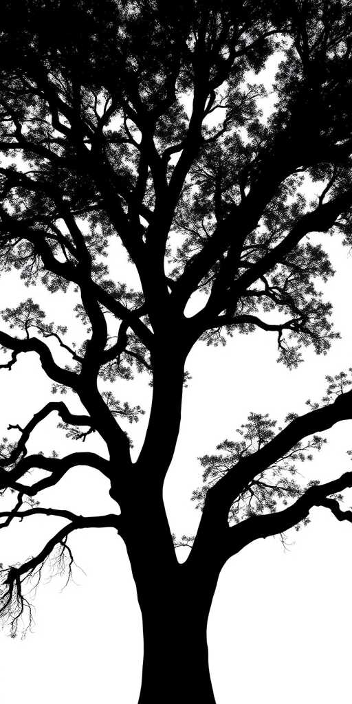 Create a high-resolution image of a black silhouette of a majestic tree with a wide, sprawling canopy against a white background, taken with a DSLR camera at 50mm focal length, f/1.8 aperture, ISO 100, in natural light, with a shallow depth of field for a dreamy effect.