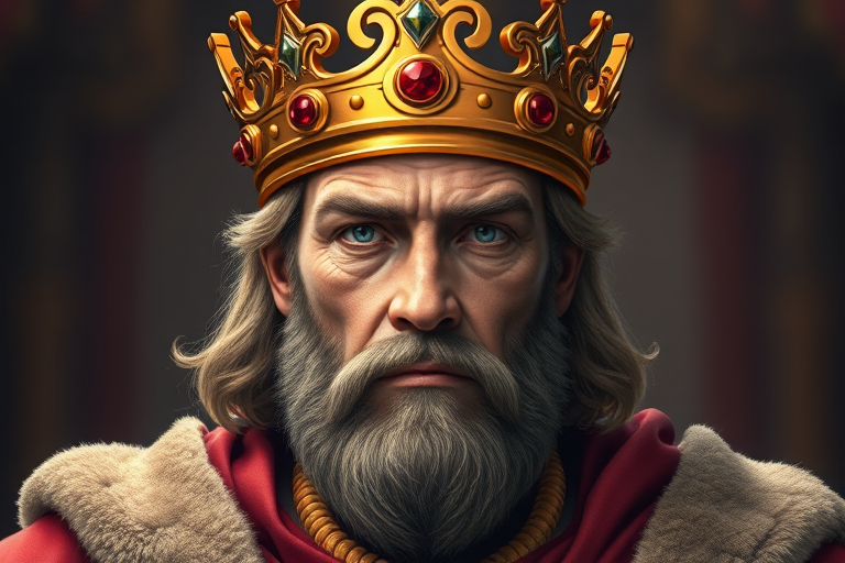 Create an illustration of a majestic king with a golden crown, wearing royal robes, front view, high detail, vibrant colors, with a blurred background to enhance focus, captured with a DSLR camera at f/1.8 aperture, ISO 100, and a shutter speed of 1/200 sec, using a portrait lens.