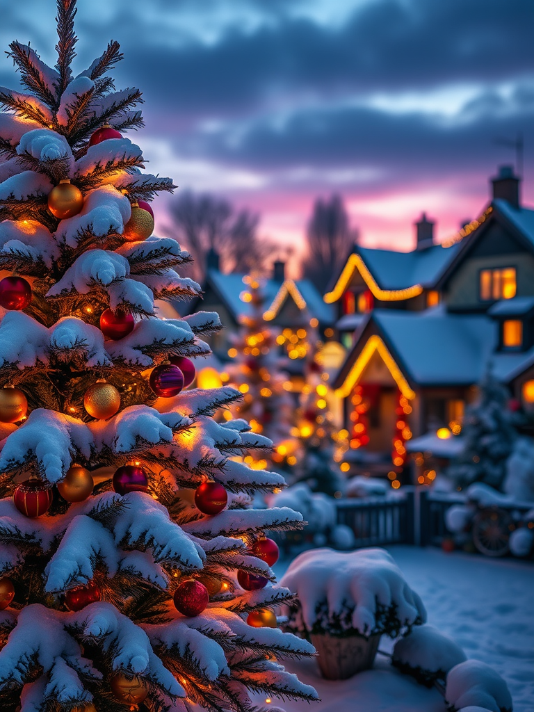 Create a cozy winter scene featuring a snow-covered Christmas tree adorned with colorful ornaments and warm lights. The background should include softly lit houses and more festive decorations under a twilight sky.