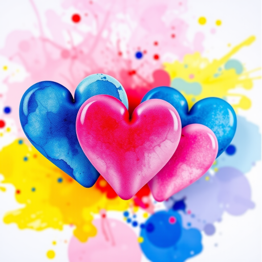 Generate a vibrant watercolor image of three hearts in varying shades of blue and pink, featuring splashes of color in the background, shot with a Canon EOS R5 at f/1.8, focal length 50mm, ISO 100, using a soft focus lens to enhance the artistic quality.