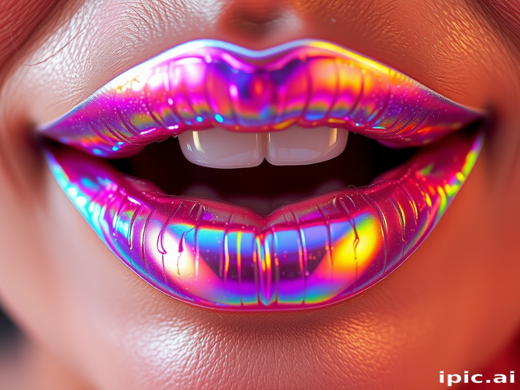 Holographic lips shimmering with iridescent rainbow hues, catching and reflecting light from every angle, creating a mesmerizing and otherworldly effect
