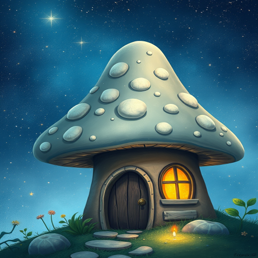 this image is illustration of a mushroom house with a door and a window, a storybook , fantasy art, mushroom house, bg starry sky, sparkles