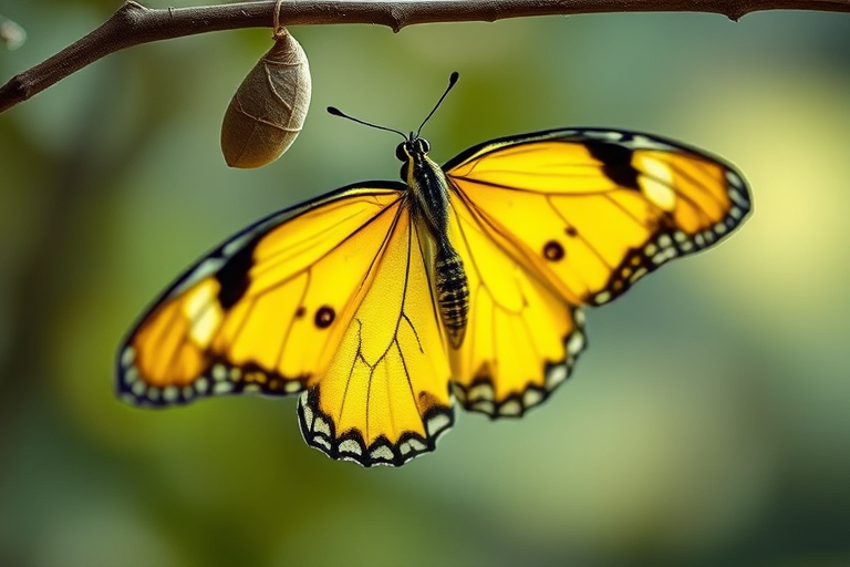 Generate an image of a butterfly emerging from its chrysalis, showcasing vibrant yellow wings with black patterns, hanging from a branch. The background should be soft and blurred, emphasizing the butterfly and its surroundings.
