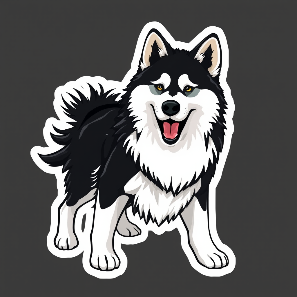 generate sticker, 3D black and white yakutian laika dog breed, black background