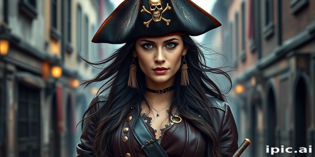 Create a portrait of a fierce female pirate. She wears a leather tricorn hat adorned with a skull and crossbones emblem, and her long, dark hair flows around her face. Her outfit consists of a richly detailed leather jacket, a corset, and multiple layers of belts and accessories, giving her a formidable and stylish appearance. She stands confidently in a dimly lit, historic port town, with a backdrop of weathered buildings and cobblestone streets, capturing the adventurous spirit of a pirate.