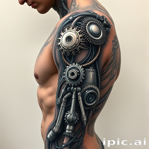 Biomechanical tattoo called "Cybernetic Evolution" showcasing a seamless fusion of organic flesh and mechanical components, with intricate gears, wires, and circuit boards intertwining with muscles and tendons, rendered in a hyper-realistic style with meticulous attention to detail and shading, incorporating elements of steampunk aesthetics and futuristic technology, perfect for sci-fi enthusiasts and those fascinated by the concept of human-machine integration