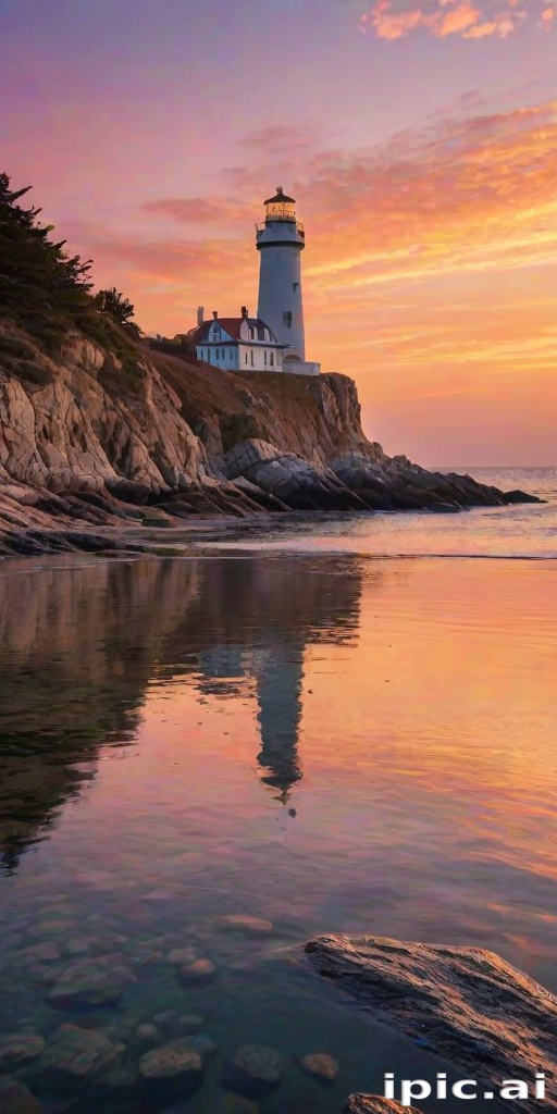 Generate an image of a tall lighthouse perched on a rocky outcrop surrounded by calm ocean waters during a breathtaking sunset. The lighthouse stands sturdy and weathered, its stone surface illuminated by the warm golden light of the setting sun. The sun's rays pass directly through the glass lantern room at the top of the lighthouse, casting a brilliant light across the scene. The sky is painted with vibrant shades of orange, pink, and purple, reflecting off the tranquil sea. The surrounding water shimmers with the same warm hues, creating a serene and majestic atmosphere.
