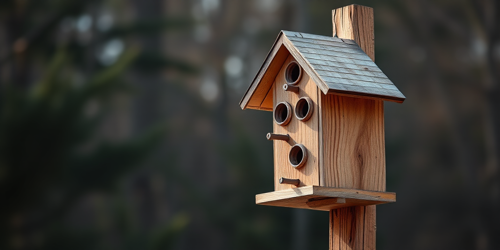 photograph of a wooden birdhouse on a tall post with multiple entrances taken with a DSLR camera, 50mm lens, f/2.8 aperture, ISO 100, 1/200 sec exposure, natural lighting, slight upward angle for emphasis